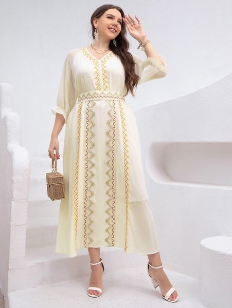 

plus embroidered detail flounce sleeve belted dress r88e#, Black