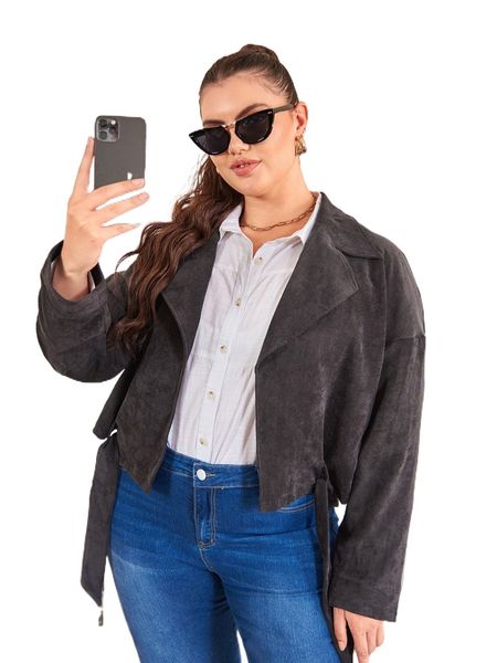 

plus lapel neck drop shoulder belted corduroy jacket z2aa#, Black