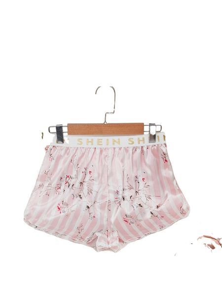 

striped & floral print contrast letter tape satin sleep shorts p8yz#, Black;red