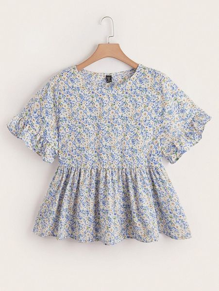 

plus floral print ruffle hem peplum 44rx#, Black