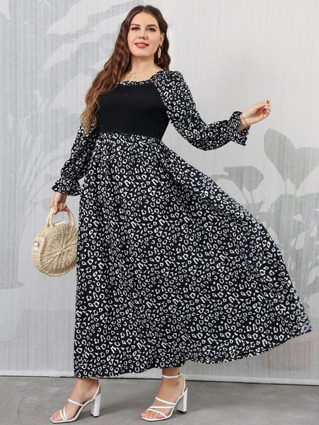 

plus graphic print flounce sleeve dress t1hj#, Black