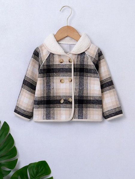

toddler boys plaid print borg collar double breasted teddy lined overcoat she, Blue;gray