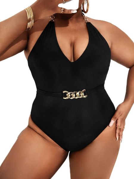 

plus chain decor one piece swimsuit u90y#, White;black