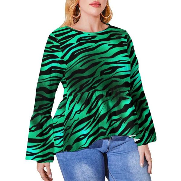 T-shirt taglie forti da donna T-shirt con stampa leopardata verde T-shirt a maniche lunghe in stile safari color oro Street Style Maglietta estetica grafica Tees 4XL 5