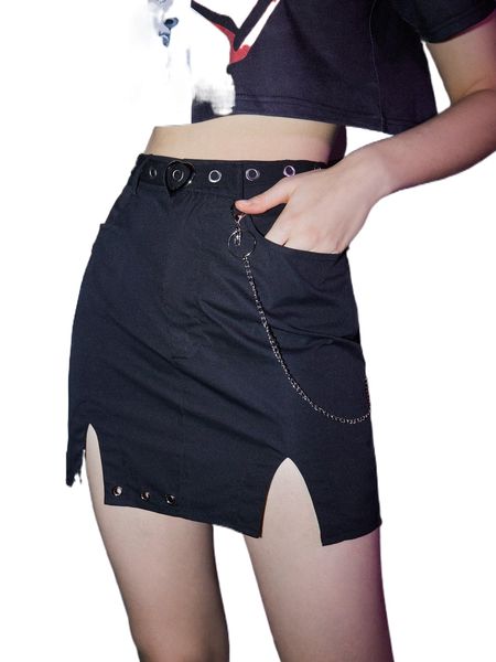 

romwe solid grommet eyelet belted split skirt 07yl#, Black