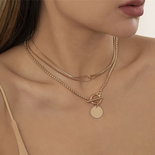 

multilayer round coin pendant necklace collares gold color fashion statement cross chain women neck jewelry gift, Silver