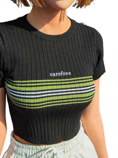 

dazy letter embroidery striped tee 44fl#, White