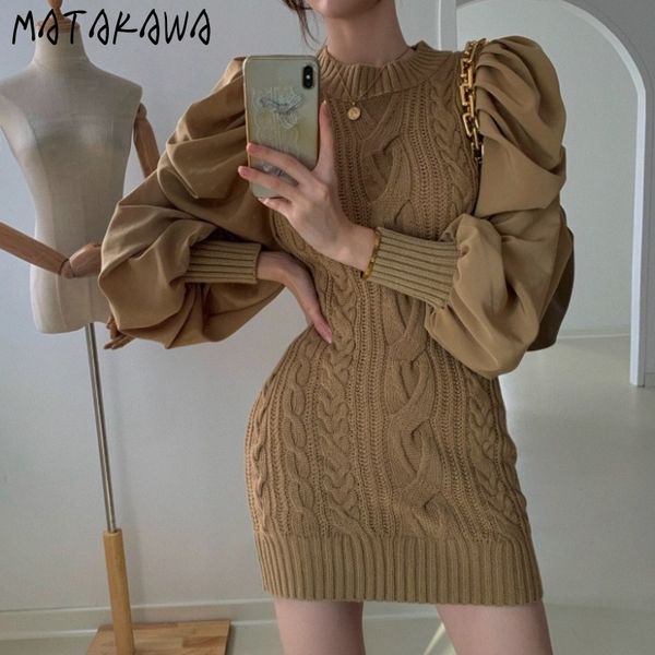 

temperament slim puff sleeve long dress women autumn twist knit stitching bodycon dresses 210506, Black;gray