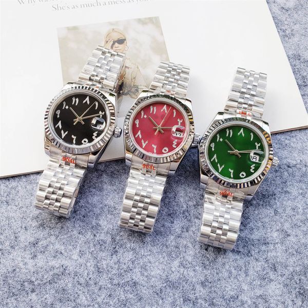 

36mm men/women automatic mechanical watch black/green/red dial automatic date stainless steel strap, Slivery;brown