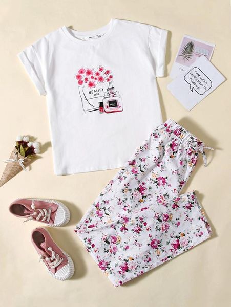 

girls rolled cuff tee and floral pants set she, White