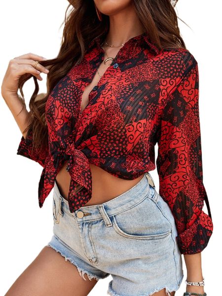 

floral print roll up sleeve blouse 62mz#, White