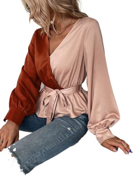 

two tone bishop sleeve belted peplum blouse 86ae#, White