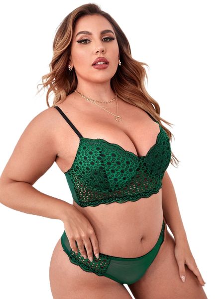 

plus contrast lace mesh underwire bra & panty set w2yz#, Black;white