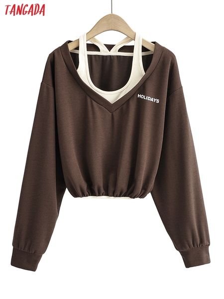 

tangada women fashion print off shoulder patchwork sweatshirts oversize long sleeve crop pullovers female 4p46 220815, Black