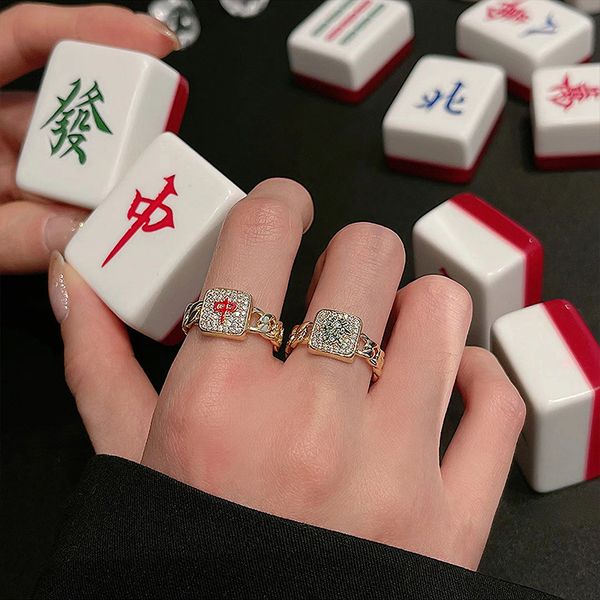 

real gold electroplated mahjong diamond square open new year red fortune ring national personality fashion ornament, Silver