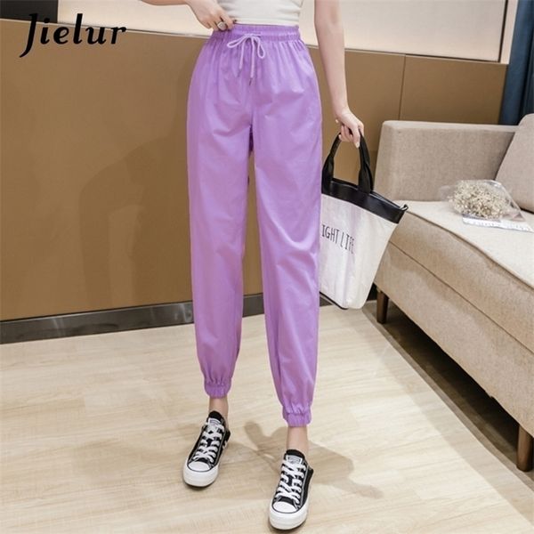 

jielur trousers women solid color elastic waist candy color autumn pants chic sweatpants pantalon femme roupas slim pants 201228, Black;white