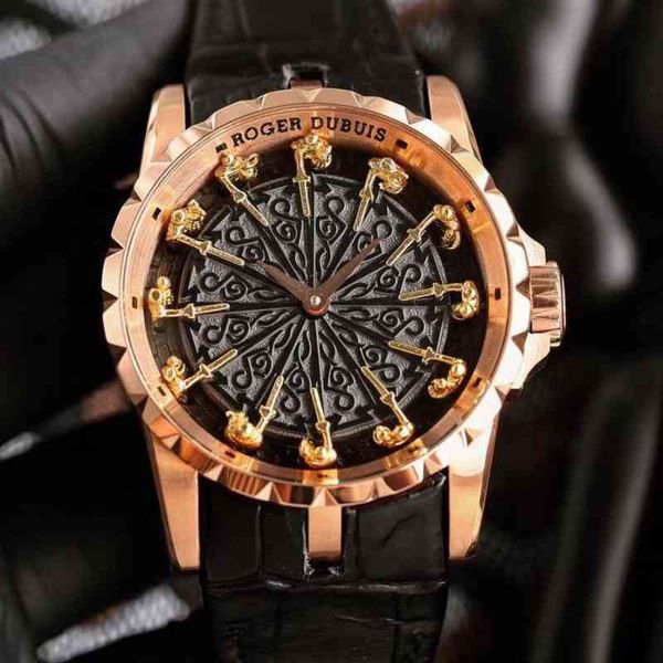 

roge dobby round table series twelve knight gold-plated mens mechanical personality pure hand carved wristwatch, Slivery;brown