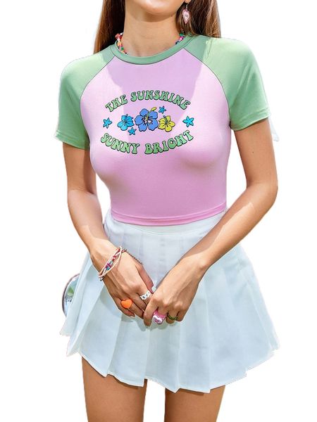 

floral & letter graphic raglan sleeve tee 340z#, White