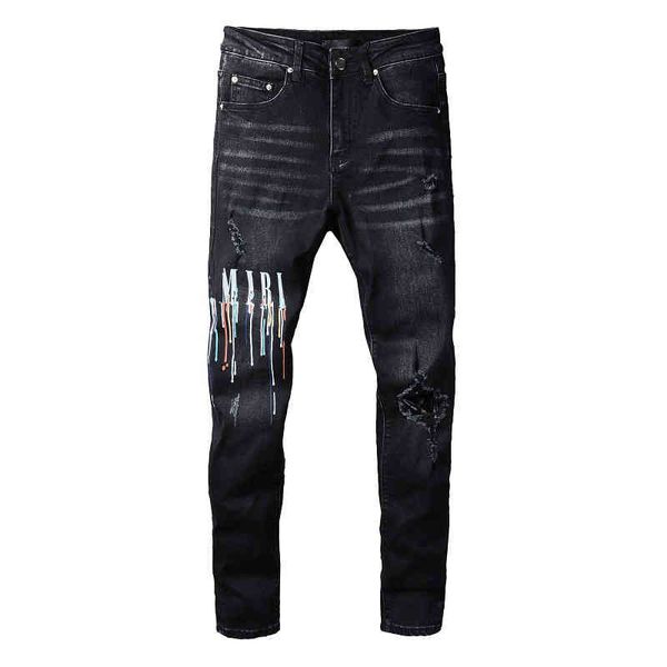 

designer men jeans amirs pants trend amirs spray painted colorful letter hole patch elastic tight legged jeans #830 82np, Blue