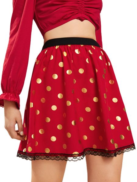 

high waist gold polka dot lace trim skirt u07o#, Black