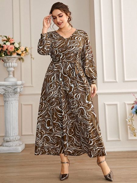 

plus marble print bishop sleeve belted dress g6bd#, Black