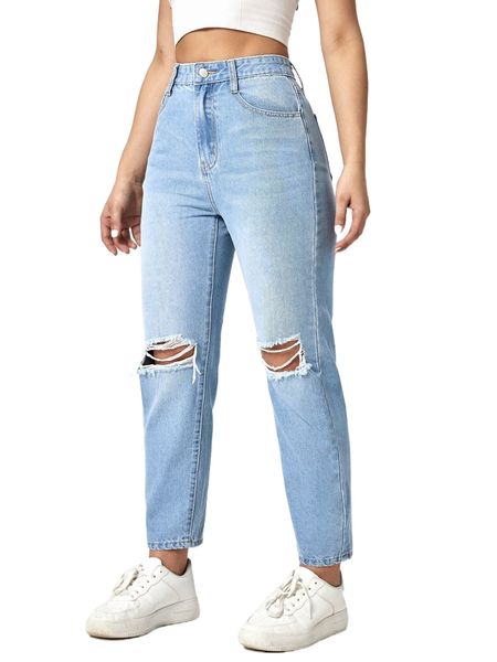 

high waist ripped mom jeans w7oj#, Blue