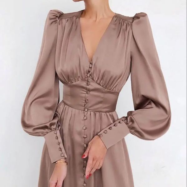 Solides Satin-Kleid mit V-Ausschnitt und Laternenärmeln, langes Damenkleid für Party, Laternenärmel, A-Linie, hohe Taille, schlank, elegant, 2022, Kleidung, Jahr, Ball, Abend, lässig