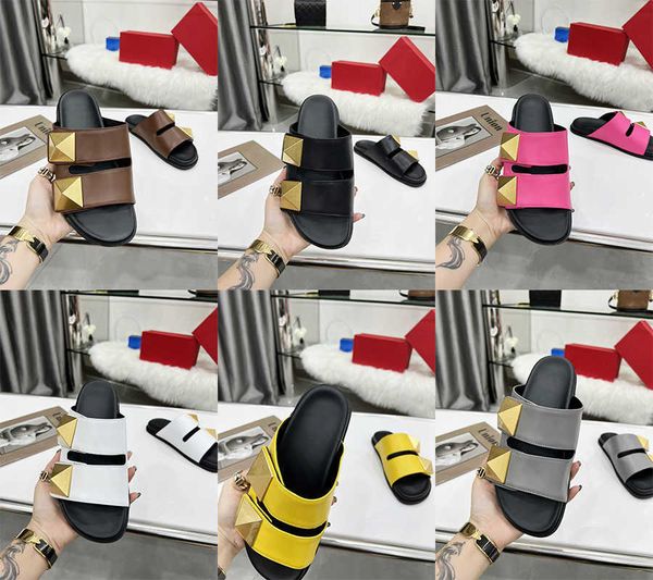 

classics women slipper roman stud flat calfskin slide sandal indoor slippers designer summer luxury fashion beach flat flip flops shoes, Black