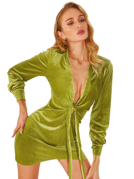 

double crazy plunging neck knot front velvet bodycon dress i1v3#, Black;gray