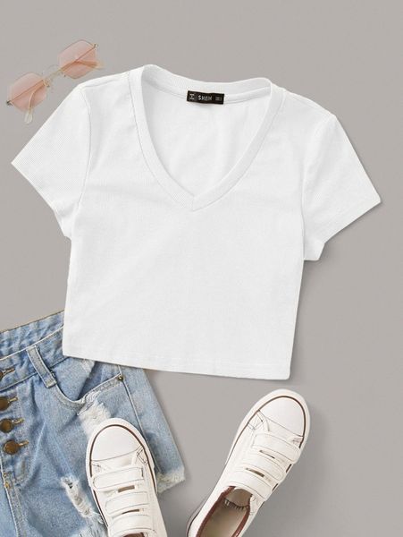 

v-neck rib-knit crop tee i5cx#, White