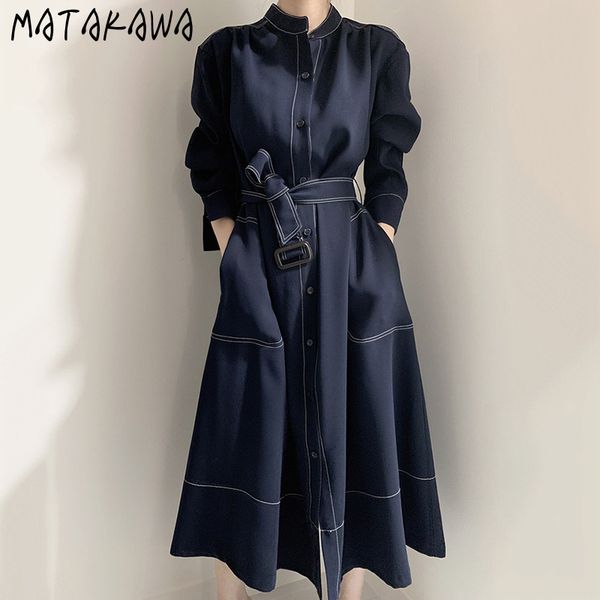 

singlebreasted loose tie windbreaker dresses korea chic simple and elegant standup collar women dress 210506, Black;gray