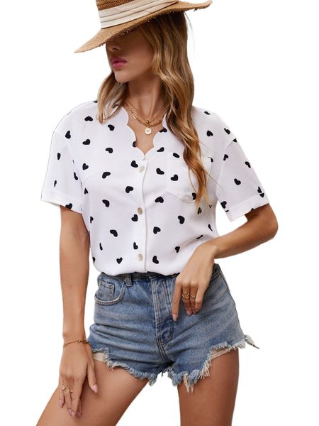

heart print scallop trim drop shoulder blouse 48jz#, White