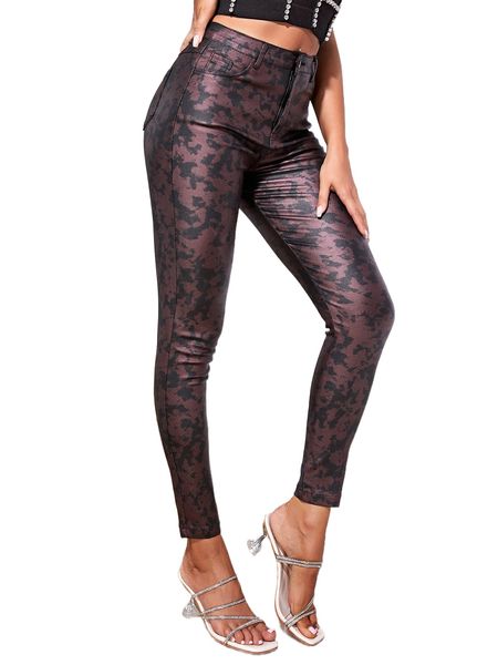 

apperloth a high waist allover print pu leather skinny pants o5se#, Black;white