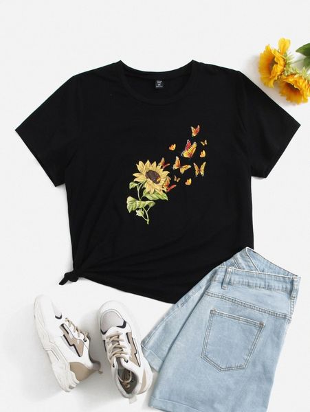 

plus sunflower & butterfly print tee m5hy#, Black