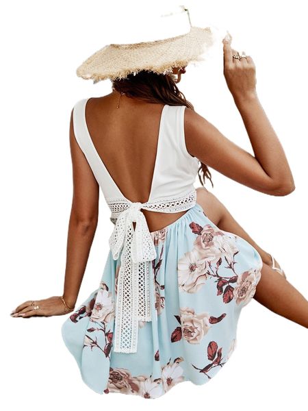 

floral print guipure lace insert tie back dress b6dq#, Black;gray