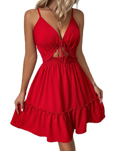 

cut out shirred waist ruffle hem cami dress i7a2#, Black;gray
