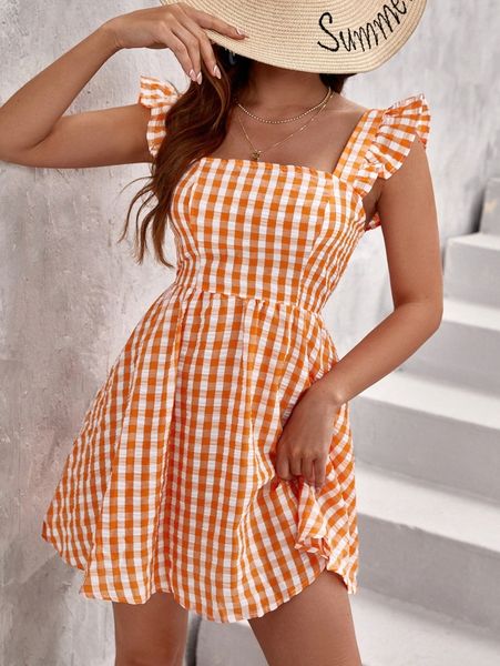 

gingham backless knot ruffle sleeve square neck dress v5ag#, Black;gray