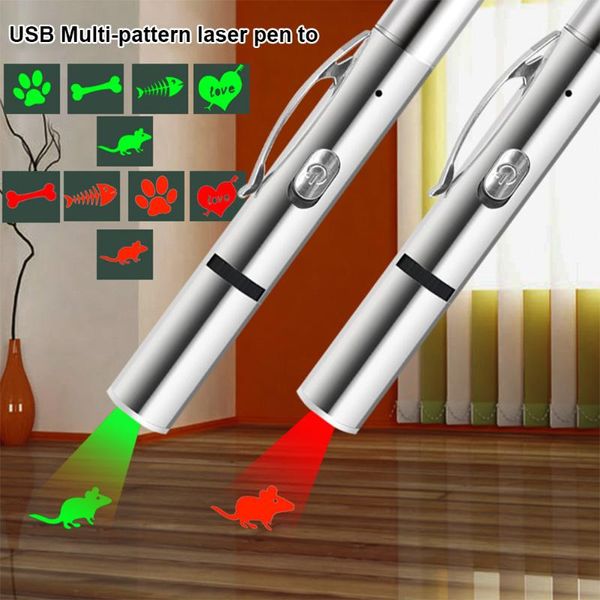 Giocattoli per gatti Giocattolo interattivo Divertente animale domestico LED Puntatore luminoso USB Ricaricabile Chase Cattura con 5 motivi Verde/Rosso 4mW