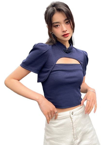 

dazy mandarin collar rib knit cut out tee y4ay#, White