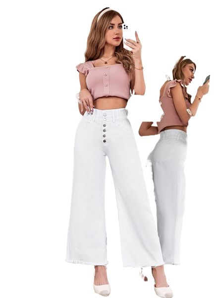 

paperbag waist raw trim wide leg jeans x37h#, Blue