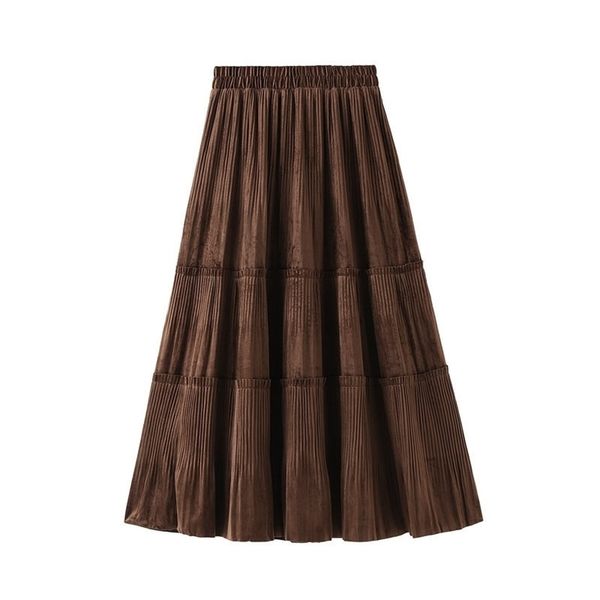 

preppy style women skirts winter in golden velvet patchwork ruffles ruched elastic waist a linen drape long skirts 210315, Black