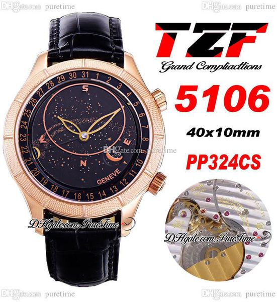 TZF осложнения 5106 Sky Moon Celestial A240 Automatic Mens Watch Rose Gold Black Dial Leather Strap Super Edition Watches Puretime F025I9