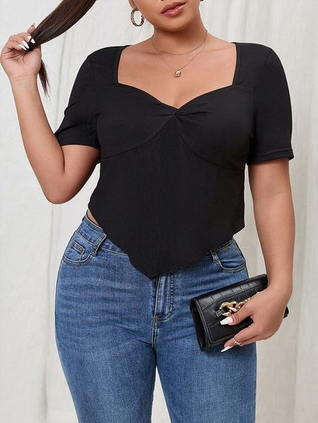 

plus sweetheart neck hanky hem tee w96v#, Black