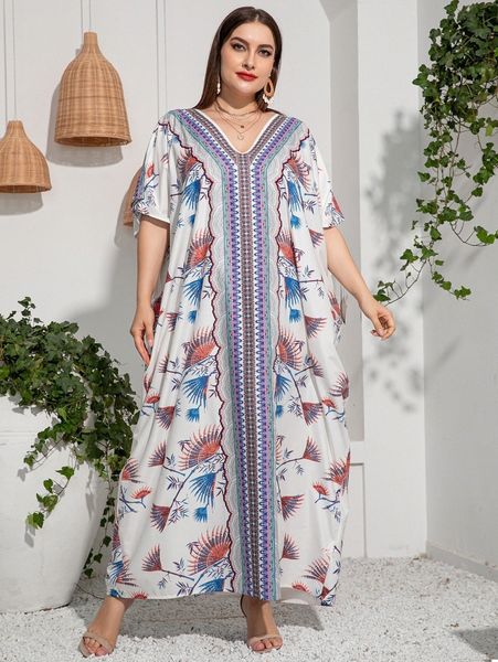 

plus plant print embroidery detail batwing sleeve tunic dress b2yc#, Black