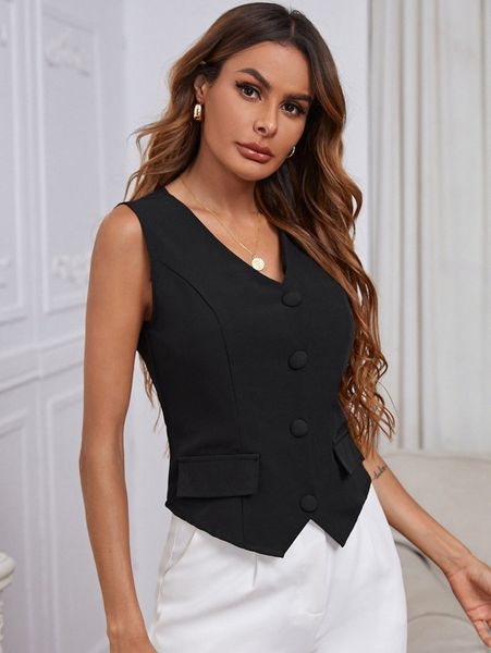 

button front flap detail blazer vest w4ea#, White