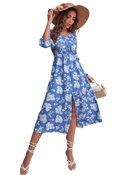 

a.ll o.ver f.loral p.rint s.plit hem d.ress v0px#, Black;gray