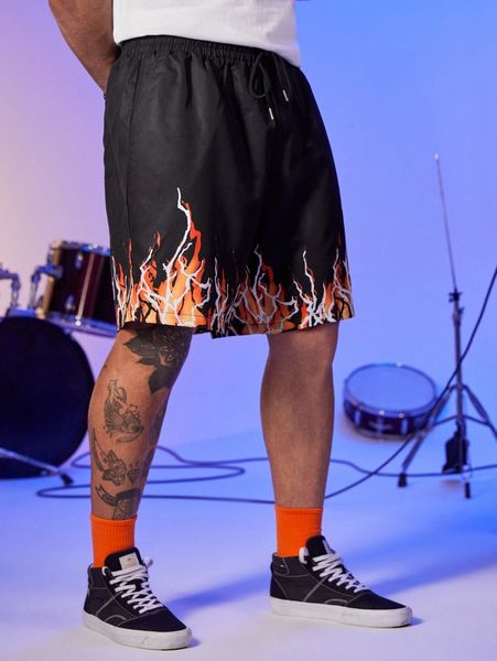 

extended sizes men fire print drawstring waist shorts q8sx#, White;black