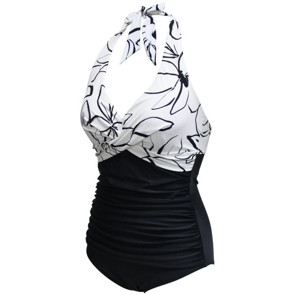 

women deep-v layered ruffle swim dress one-piece bathing swimsuit, White;black