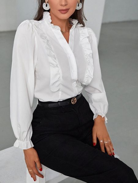 

ruffle trim flounce sleeve blouse a4lw#, White