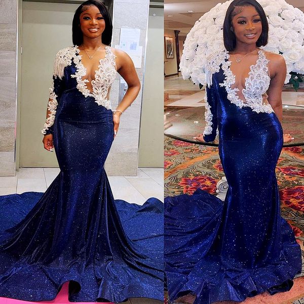 

2022 plus size arabic aso ebi dark navy mermaid prom dresses lace beaded crystals evening formal party second reception birthday engagement, Black
